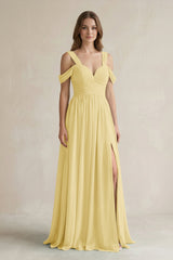 Off - the - Shoulder A - Line Chiffon Bridesmaid Dress With Slit in Pastel Yellow - KISS BRIDAL Bridesmaid Dresses