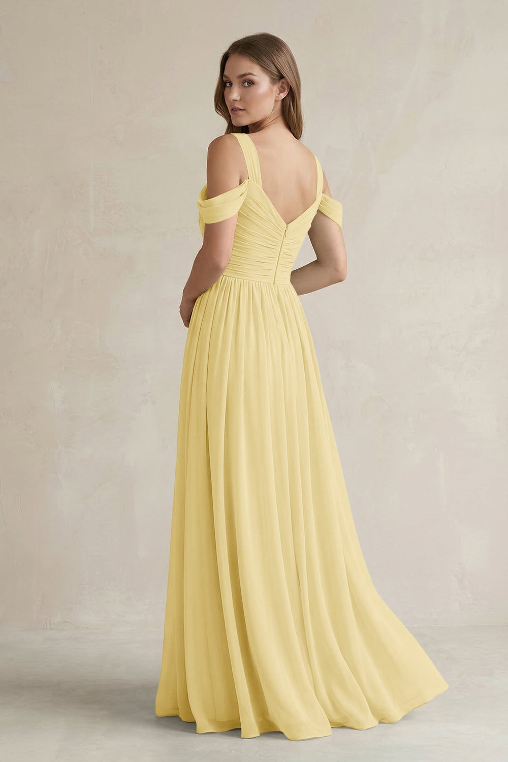 Off - the - Shoulder A - Line Chiffon Bridesmaid Dress With Slit in Pastel Yellow - SHE IS ME Bridesmaid Dresses
