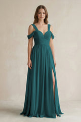 Off - the - Shoulder A - Line Chiffon Bridesmaid Dress With Slit in Pine - KISS BRIDAL Bridesmaid Dresses