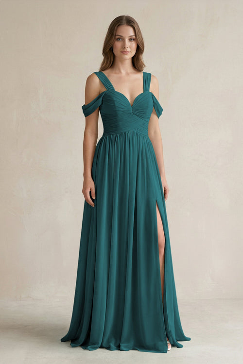 Off - the - Shoulder A - Line Chiffon Bridesmaid Dress With Slit in Pine - SHE IS ME Bridesmaid Dresses