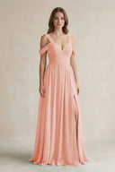 Off - the - Shoulder A - Line Chiffon Bridesmaid Dress With Slit in Rose Petal - SHE IS ME Bridesmaid Dresses