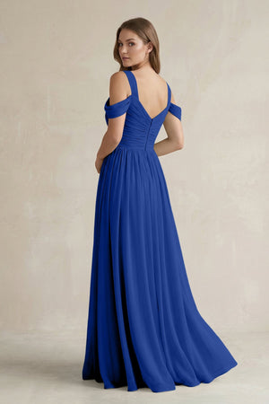 Off - the - Shoulder A - Line Chiffon Bridesmaid Dress With Slit in Royal Blue - SHE IS ME Bridesmaid Dresses