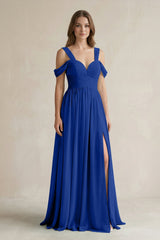 Off - the - Shoulder A - Line Chiffon Bridesmaid Dress With Slit in Royal Blue - KISS BRIDAL Bridesmaid Dresses