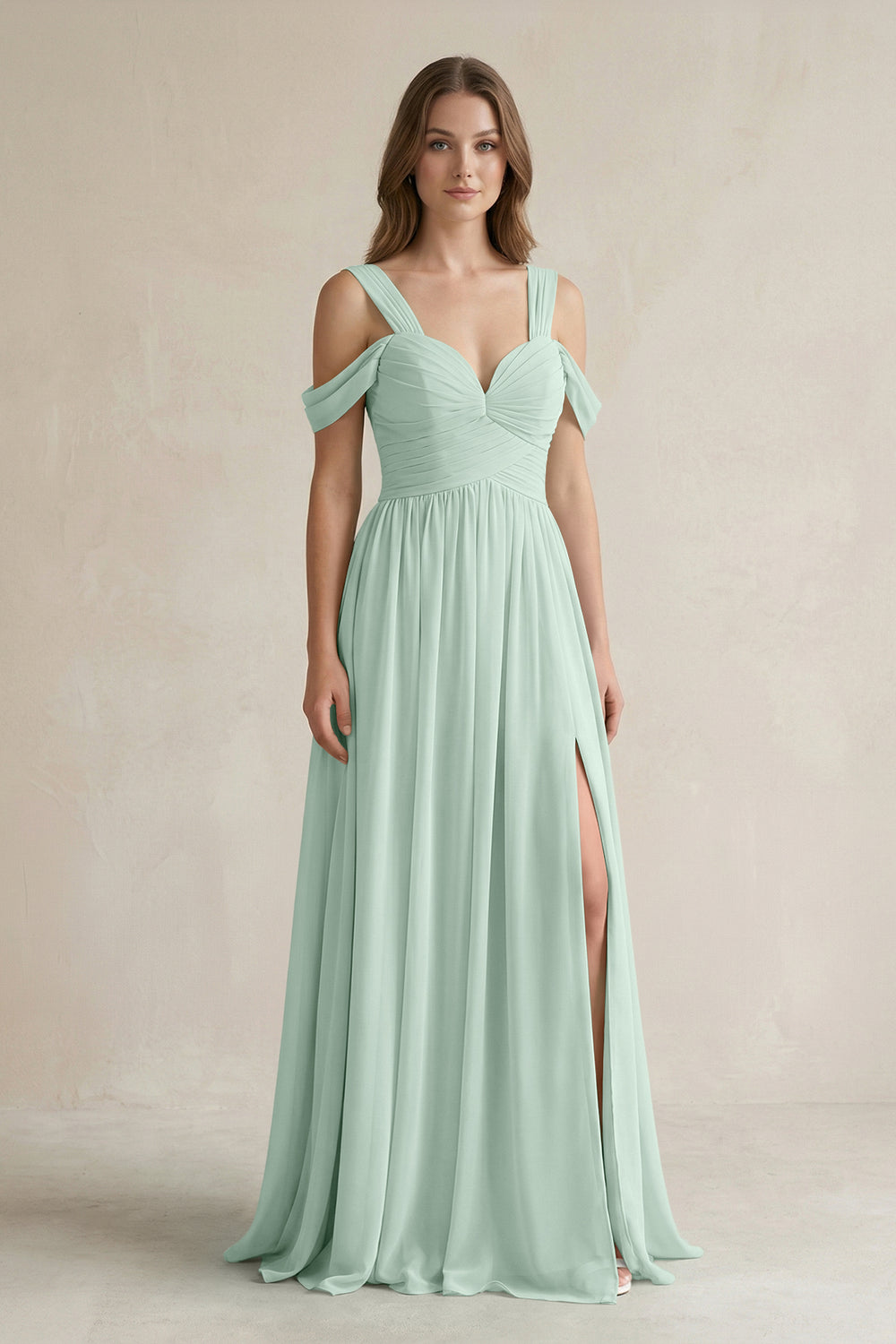 Off-the-Shoulder A-Line Chiffon Bridesmaid Dress With Slit in Sage