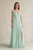 Off - the - Shoulder A - Line Chiffon Bridesmaid Dress With Slit in Sage - KISS BRIDAL Bridesmaid Dresses