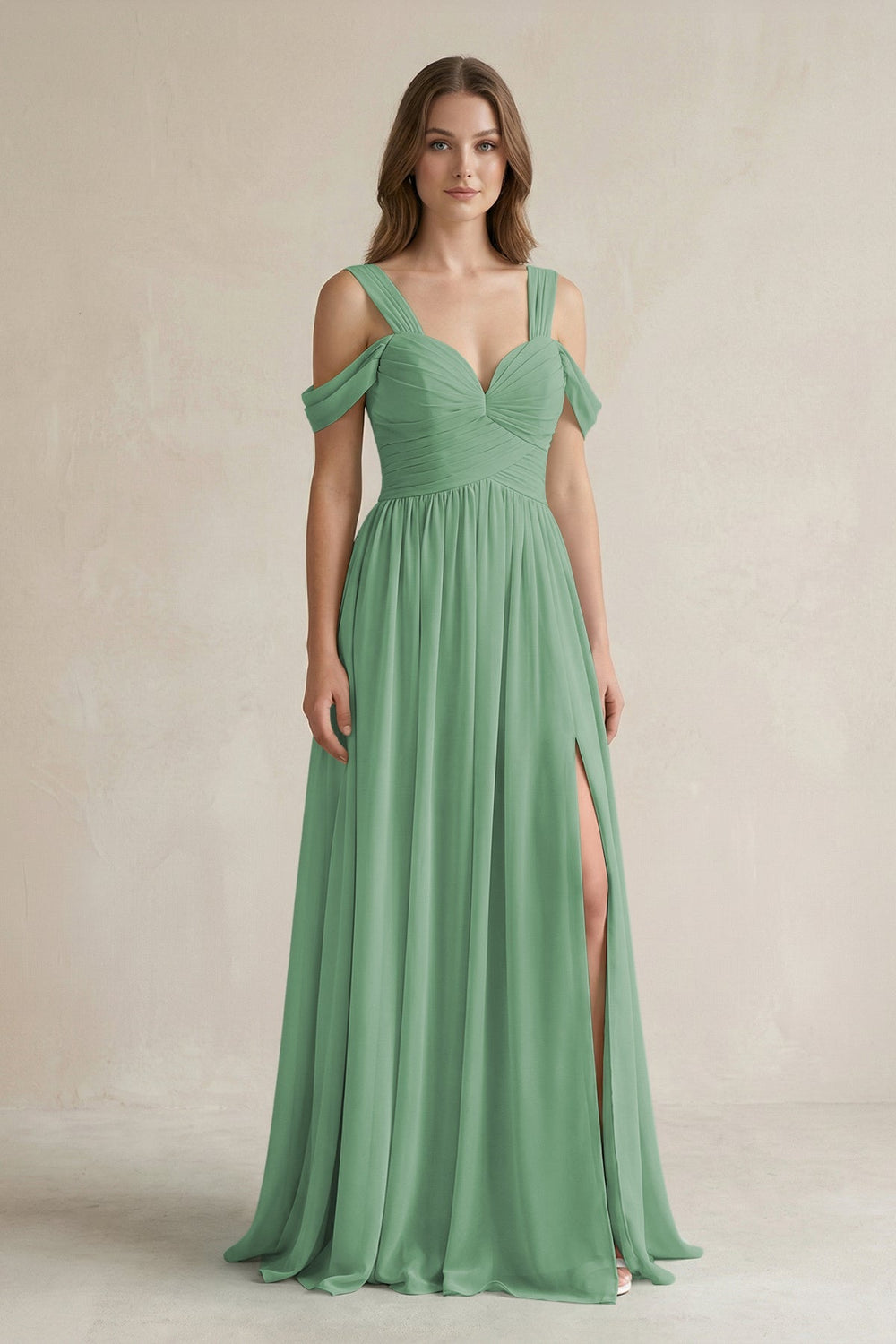 Off - the - Shoulder A - Line Chiffon Bridesmaid Dress With Slit in Sea Glass - SHE IS ME Bridesmaid Dresses
