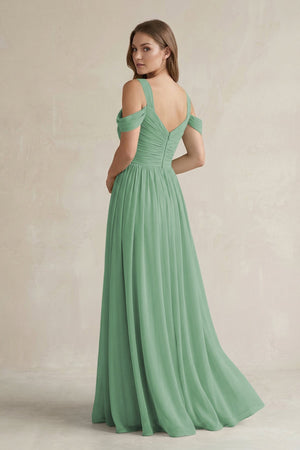 Off - the - Shoulder A - Line Chiffon Bridesmaid Dress With Slit in Sea Glass - SHE IS ME Bridesmaid Dresses