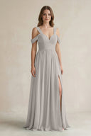 Off - the - Shoulder A - Line Chiffon Bridesmaid Dress With Slit in Silver - SHE IS ME Bridesmaid Dresses