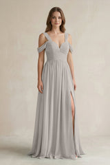 Off - the - Shoulder A - Line Chiffon Bridesmaid Dress With Slit in Silver - KISS BRIDAL Bridesmaid Dresses