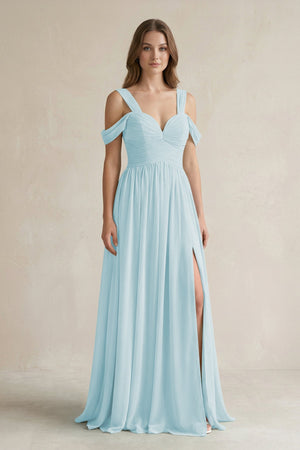 Off - the - Shoulder A - Line Chiffon Bridesmaid Dress With Slit in Sky Blue - SHE IS ME Bridesmaid Dresses