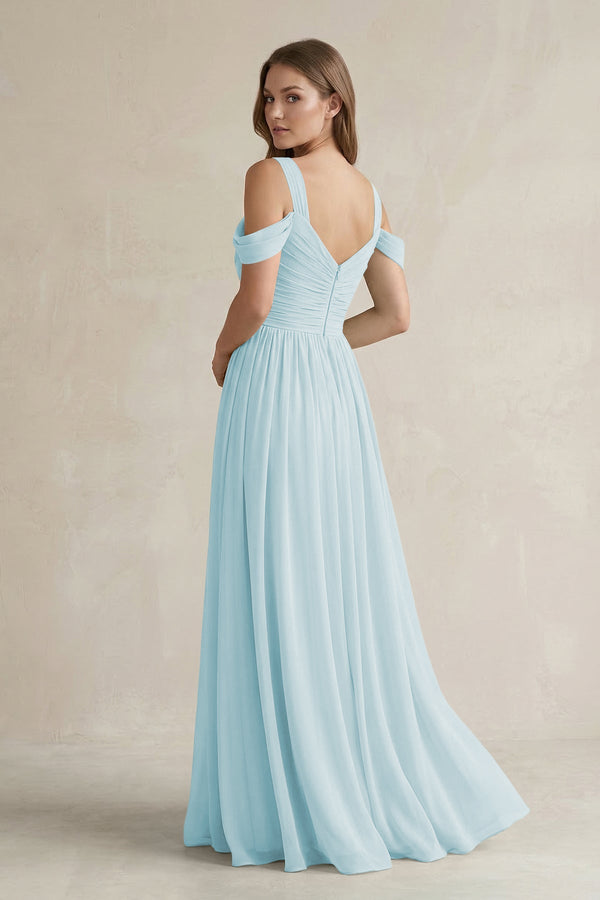 Off - the - Shoulder A - Line Chiffon Bridesmaid Dress With Slit in Sky Blue - SHE IS ME Bridesmaid Dresses