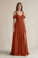 Off - the - Shoulder A - Line Chiffon Bridesmaid Dress With Slit in Spice - KISS BRIDAL Bridesmaid Dresses