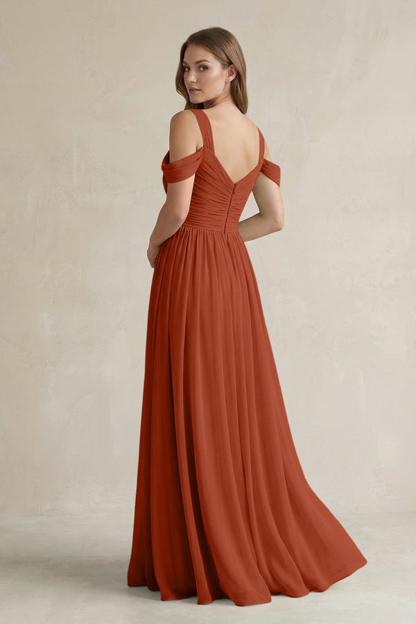 Off - the - Shoulder A - Line Chiffon Bridesmaid Dress With Slit in Spice - SHE IS ME Bridesmaid Dresses