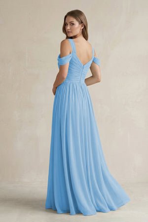 Off - the - Shoulder A - Line Chiffon Bridesmaid Dress With Slit in Steel Blue - SHE IS ME Bridesmaid Dresses