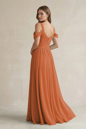 Off - the - Shoulder A - Line Chiffon Bridesmaid Dress With Slit in Terracotta - SHE IS ME Bridesmaid Dresses