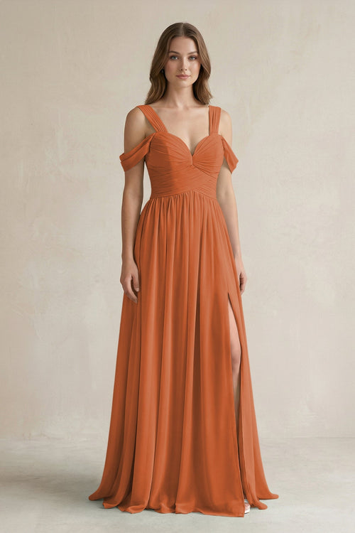 Off - the - Shoulder A - Line Chiffon Bridesmaid Dress With Slit in Terracotta - SHE IS ME Bridesmaid Dresses