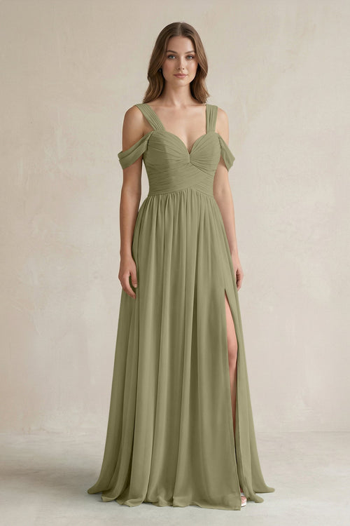 Off - the - Shoulder A - Line Chiffon Bridesmaid Dress With Slit in Thyme - SHE IS ME Bridesmaid Dresses