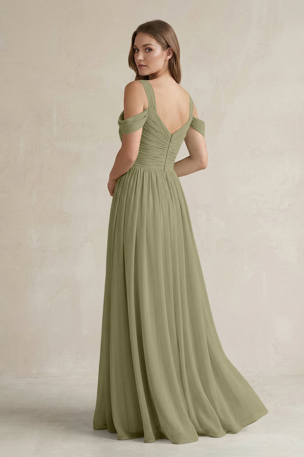 Off - the - Shoulder A - Line Chiffon Bridesmaid Dress With Slit in Thyme - SHE IS ME Bridesmaid Dresses