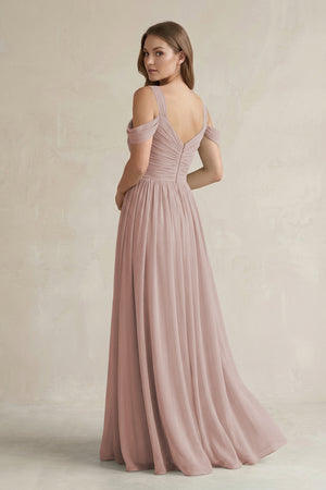 Off-the-Shoulder A-Line Chiffon Bridesmaid Dress With Slit in Toffee (2) | KISSBRIDAL