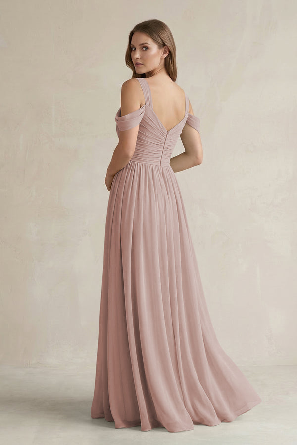 Off-the-Shoulder A-Line Chiffon Bridesmaid Dress With Slit in Toffee (2) | KISSBRIDAL