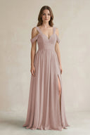 Off - the - Shoulder A - Line Chiffon Bridesmaid Dress With Slit in Toffee - SHE IS ME Bridesmaid Dresses