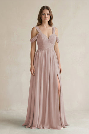Off - the - Shoulder A - Line Chiffon Bridesmaid Dress With Slit in Toffee - SHE IS ME Bridesmaid Dresses