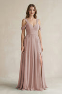 Off-the-Shoulder A-Line Chiffon Bridesmaid Dress With Slit in Toffee | KISSBRIDAL