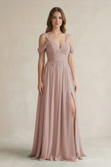Off-the-Shoulder A-Line Chiffon Bridesmaid Dress With Slit in Toffee | KISSBRIDAL
