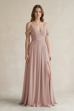 Off-the-Shoulder A-Line Chiffon Bridesmaid Dress With Slit in Toffee | KISSBRIDAL