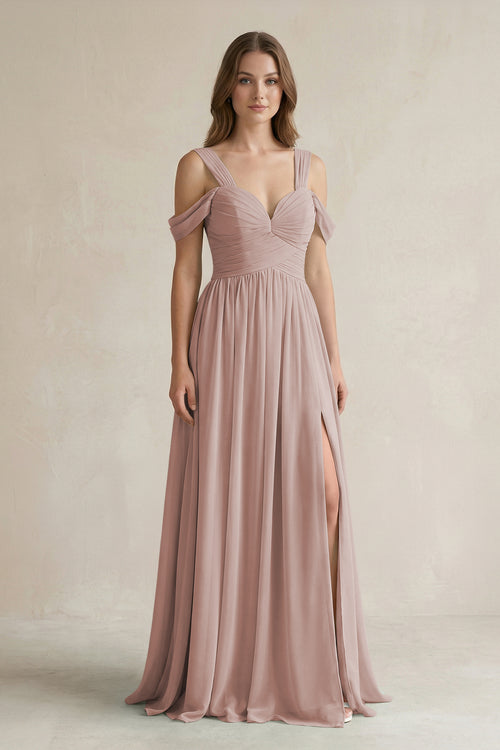 Off-the-Shoulder A-Line Chiffon Bridesmaid Dress With Slit in Toffee | KISSBRIDAL