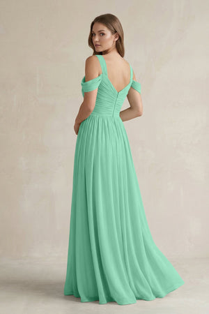 Off - the - Shoulder A - Line Chiffon Bridesmaid Dress With Slit in Turquoise - SHE IS ME Bridesmaid Dresses