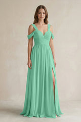 Off - the - Shoulder A - Line Chiffon Bridesmaid Dress With Slit in Turquoise - KISS BRIDAL Bridesmaid Dresses