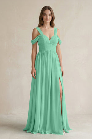 Off - the - Shoulder A - Line Chiffon Bridesmaid Dress With Slit in Turquoise - SHE IS ME Bridesmaid Dresses