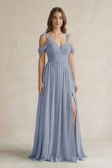 Off - the - Shoulder A - Line Chiffon Bridesmaid Dress With Slit in Twilight - KISS BRIDAL Bridesmaid Dresses