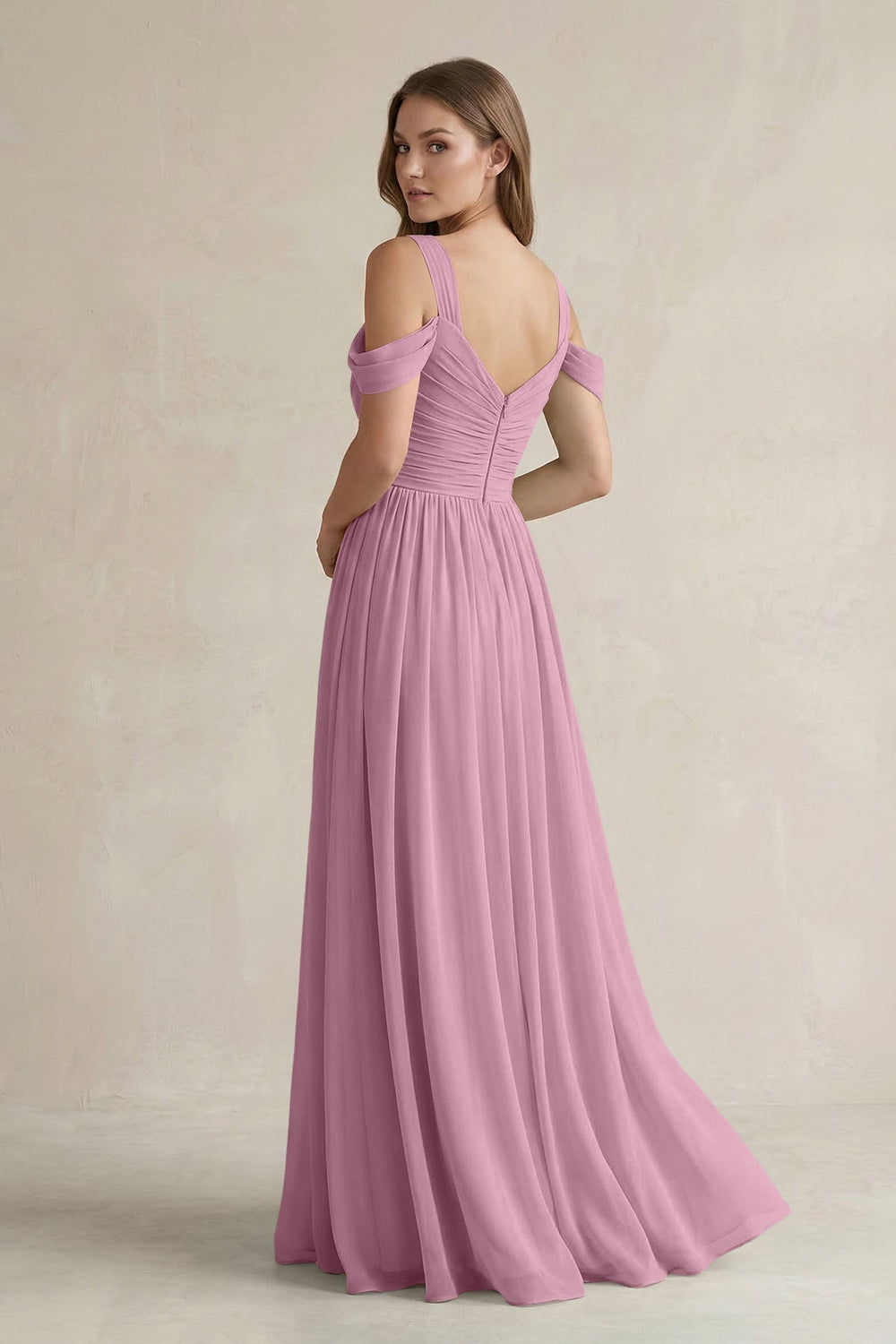 Off - the - Shoulder A - Line Chiffon Bridesmaid Dress With Slit in Vintage Mauve - SHE IS ME Bridesmaid Dresses