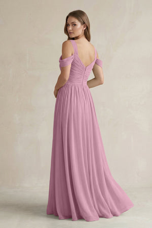 Off - the - Shoulder A - Line Chiffon Bridesmaid Dress With Slit in Vintage Mauve - SHE IS ME Bridesmaid Dresses