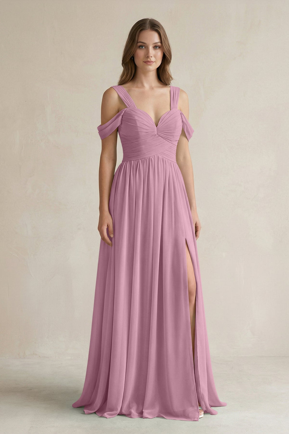 Off - the - Shoulder A - Line Chiffon Bridesmaid Dress With Slit in Vintage Mauve - SHE IS ME Bridesmaid Dresses