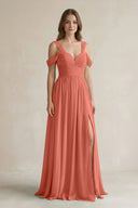 Off - the - Shoulder A - Line Chiffon Bridesmaid Dress With Slit in Wild Rose - SHE IS ME Bridesmaid Dresses