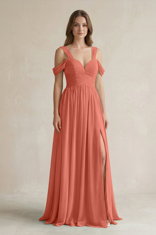Off - the - Shoulder A - Line Chiffon Bridesmaid Dress With Slit in Wild Rose - SHE IS ME Bridesmaid Dresses
