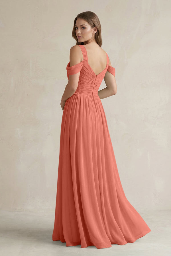 Off - the - Shoulder A - Line Chiffon Bridesmaid Dress With Slit in Wild Rose - SHE IS ME Bridesmaid Dresses