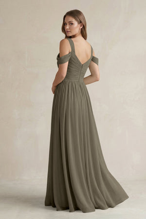 Off - the - Shoulder A - Line Chiffon Bridesmaid Dress With Slit in Willow Green - SHE IS ME Bridesmaid Dresses
