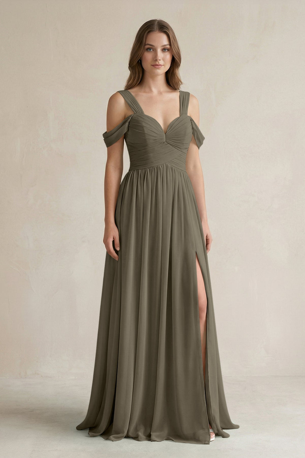 Off - the - Shoulder A - Line Chiffon Bridesmaid Dress With Slit in Willow Green - SHE IS ME Bridesmaid Dresses