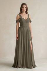 Off - the - Shoulder A - Line Chiffon Bridesmaid Dress With Slit in Willow Green - KISS BRIDAL Bridesmaid Dresses