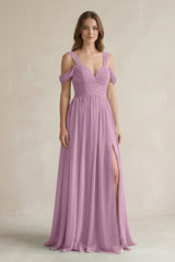 Off - the - Shoulder A - Line Chiffon Bridesmaid Dress With Slit in Wisteria - KISS BRIDAL Bridesmaid Dresses