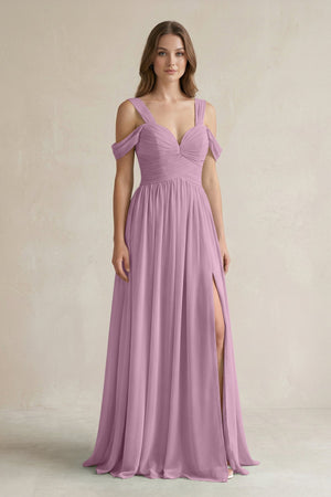 Off - the - Shoulder A - Line Chiffon Bridesmaid Dress With Slit in Wisteria - SHE IS ME Bridesmaid Dresses