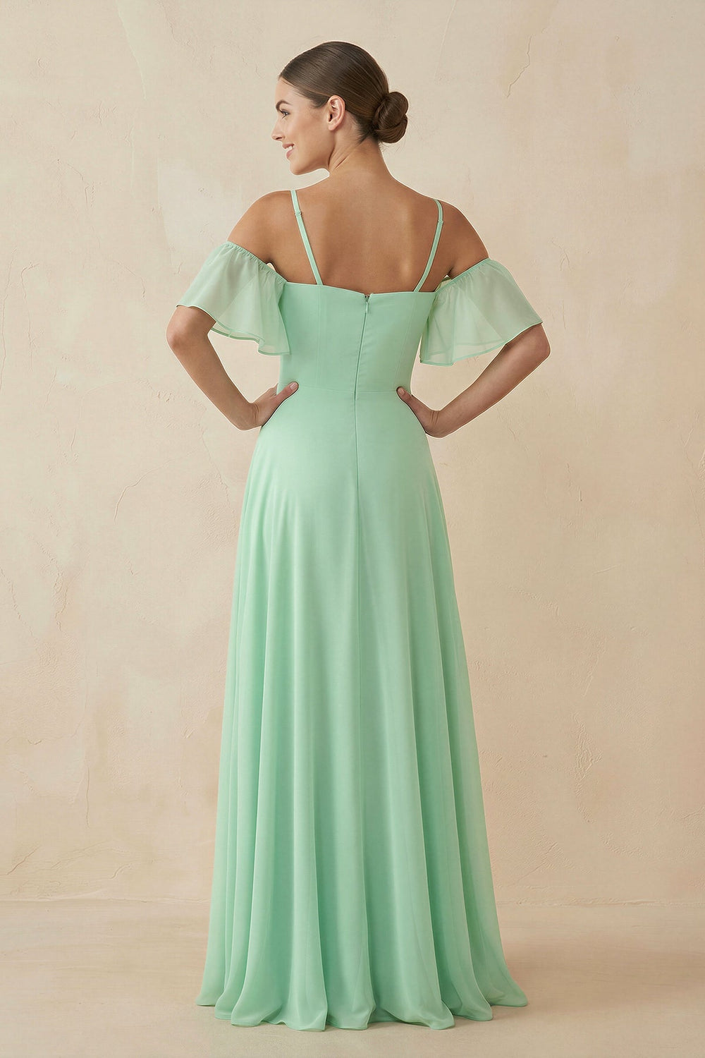 Off-the-Shoulder A-Line Chiffon Bridesmaid Dress in Pale Pistachio - SHE IS ME BRIDESMAID DRESSES