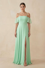Off-the-Shoulder A-Line Chiffon Bridesmaid Dress in Pale Pistachio - KISS BRIDAL BRIDESMAID DRESSES