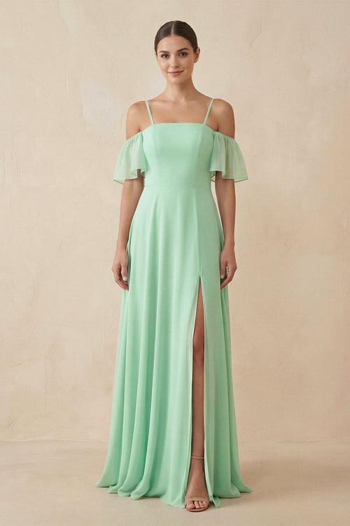 Off-the-Shoulder A-Line Chiffon Bridesmaid Dress in Pale Pistachio - SHE IS ME BRIDESMAID DRESSES