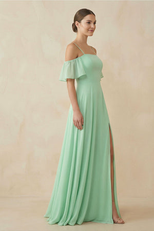 Off-the-Shoulder A-Line Chiffon Bridesmaid Dress in Pale Pistachio - SHE IS ME BRIDESMAID DRESSES