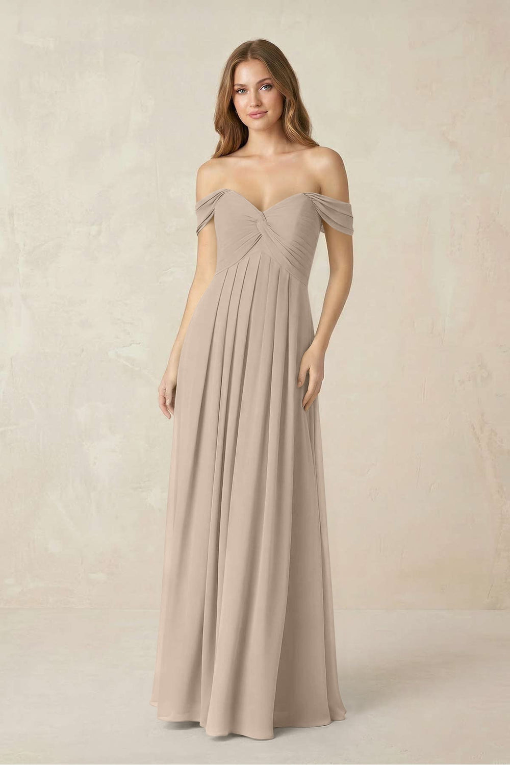 Off - the - Shoulder A - Line Chiffon Pleated Bridesmaid Dress in Almond - KISS BRIDAL Bridesmaid Dresses
